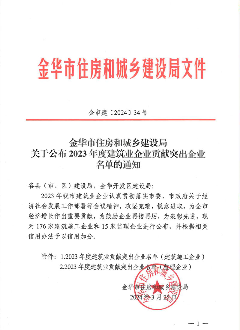 八咏获“金华市2023年度建筑业企业突出贡献企业”荣誉表彰